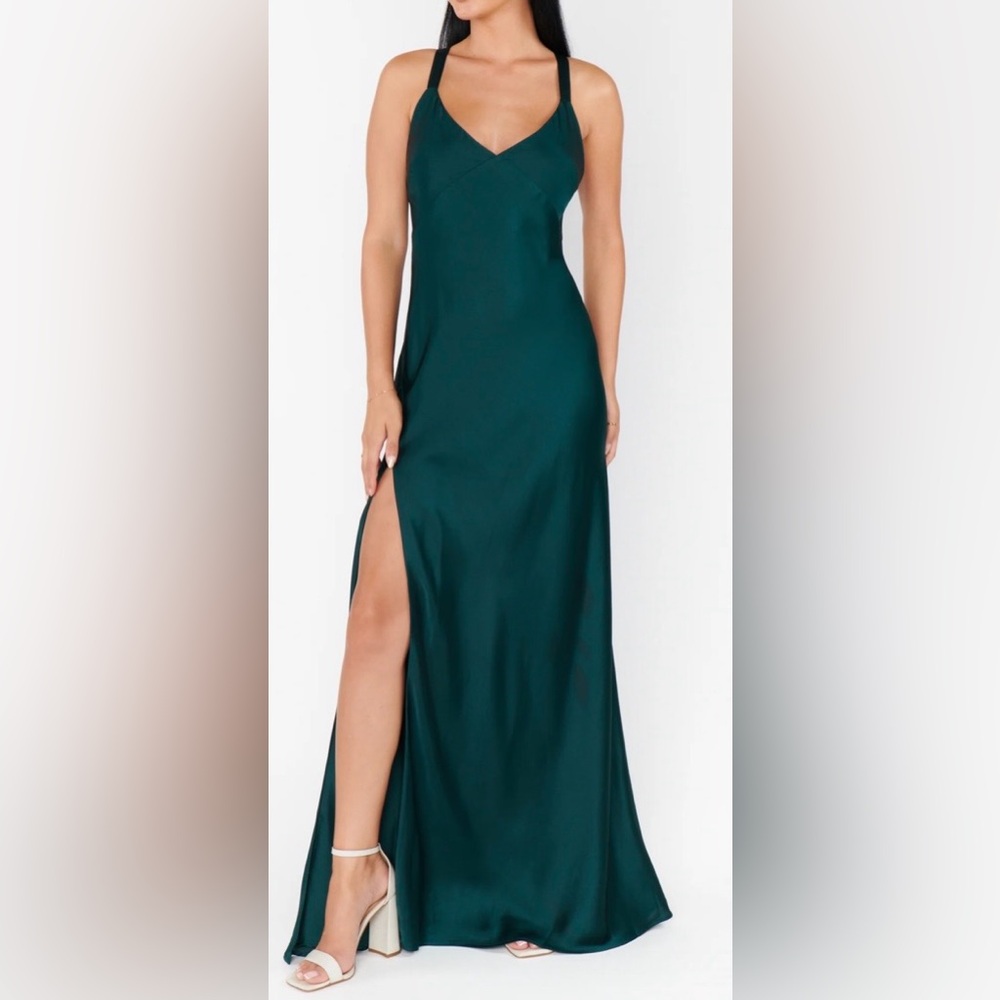 Show me your MUMU Anderson maxi dress in deep emerald luxe satin